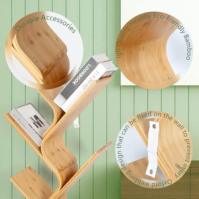 6-Tier Bamboo Tree Modern Bookshelf, Creative Curved Standing Bookcase Rack - Image 4