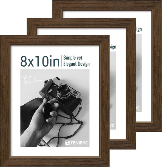 8x10 Picture Frame Set - 3 Pack, Brown Woodgrain, Wood Photo Frame, HD Tempered Glass, Gallery Photo Frame, Table or Wall Display