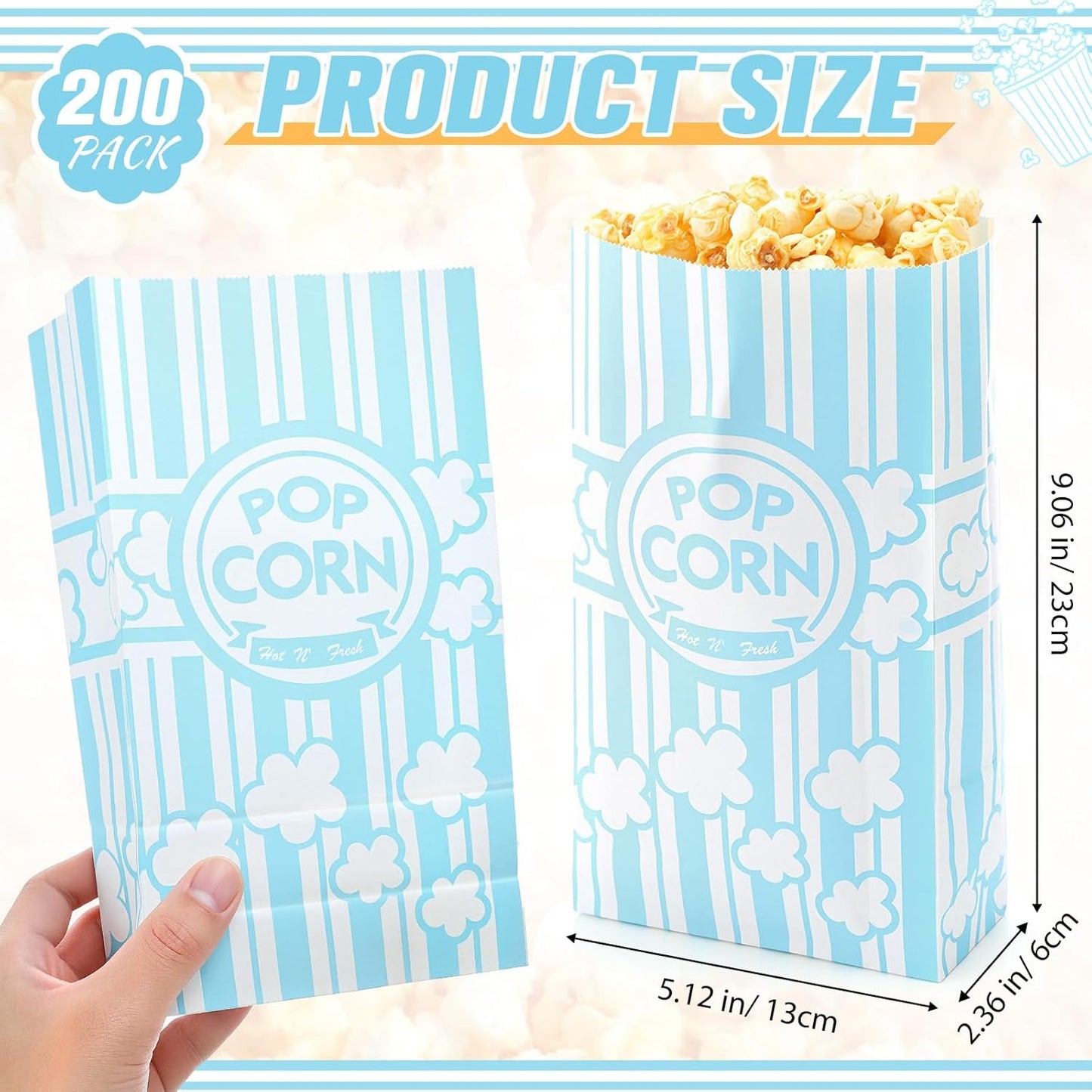 200 Pcs Paper Popcorn Bags Bulk 2 oz Large Flat Bottom Boxes Red and White Disposable Container Sleeve Movie Night Popcorn Bucket for Retro Movie Themed Party Carnival Supplies (Light Blue and White)
