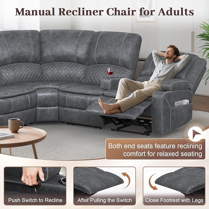 Yolsali Manual Reclining Sectional Sofa Set, 4 Seats Soft Dutch Velvet Recliner - Image 5