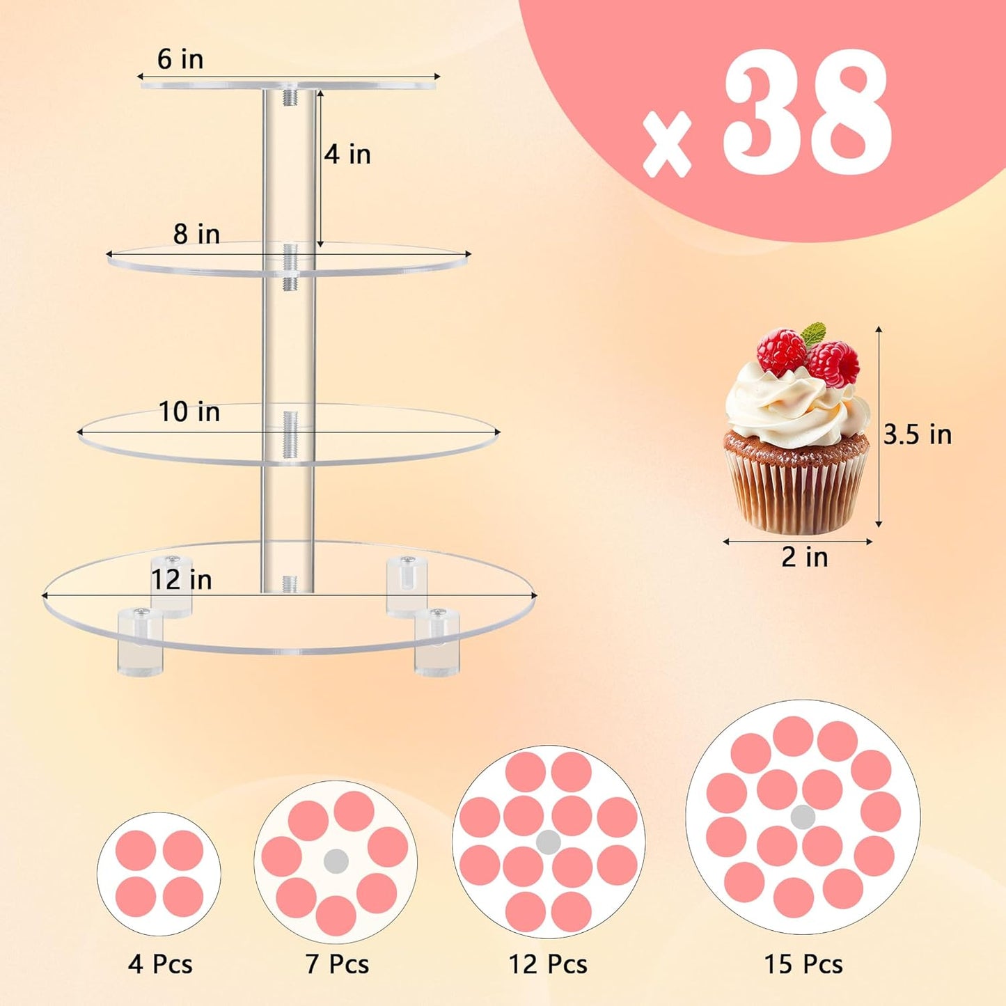 YestBuy 4 Tier Round Acrylic Cupcake Stand with Base, Premium Cupcake Holder, Acrylic Cupcake Tower Display Cady Bar Party Décor – Display for Pastry (4" Between 2 Layers with Base)