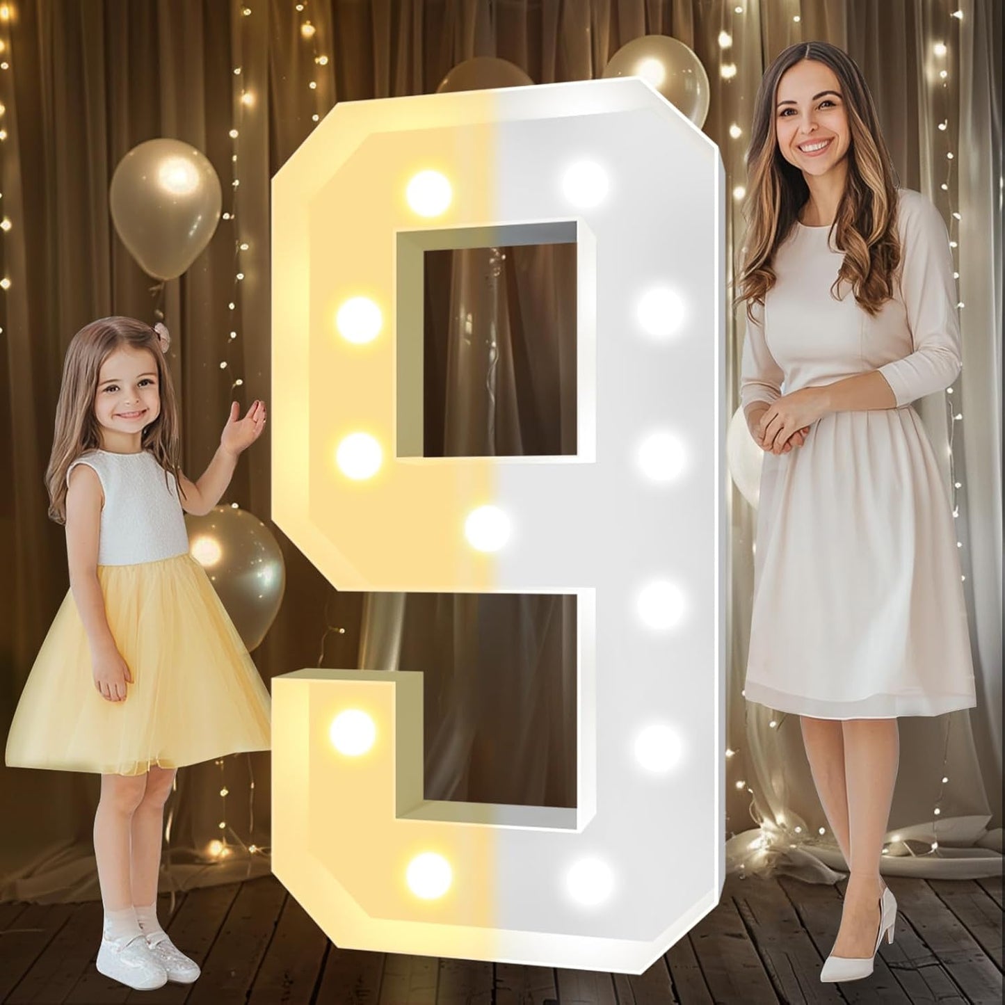 Pooqla 4 FT Light Up Marquee Numbers, Cool White and Warm White LED Large Lighted Marquee Numbers, Giant Mosaic Light Up Numbers for Balloons 9th 19th 90th Birthday Party Decoration, LED Number 9