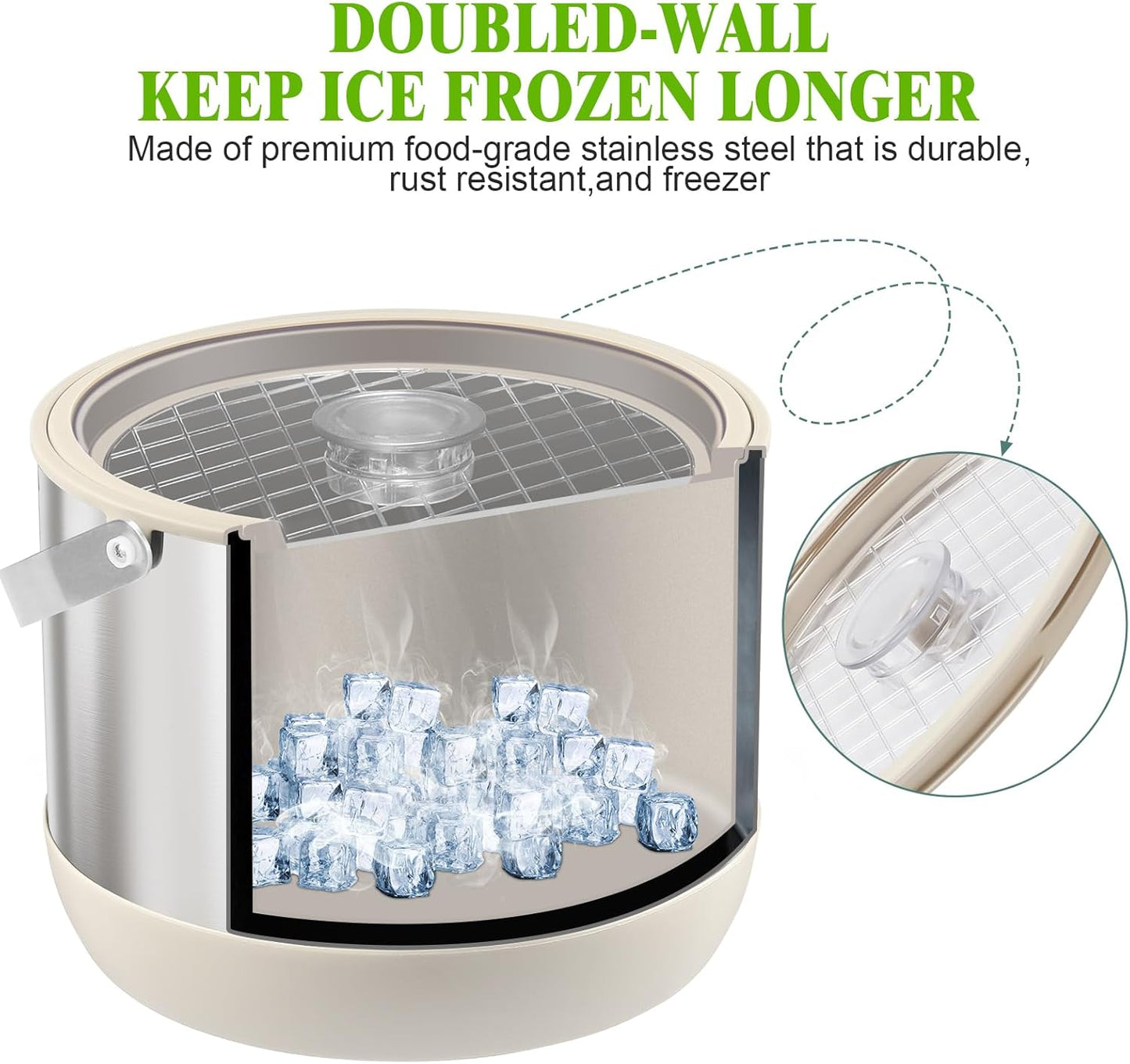 5Quart/4.8L Insulated Ice Bucket with Scoop & Lid, Double-Wall Ice Bucket,Large Party Bucket BPA Free for Cocktail Bar, Champagnes (White)