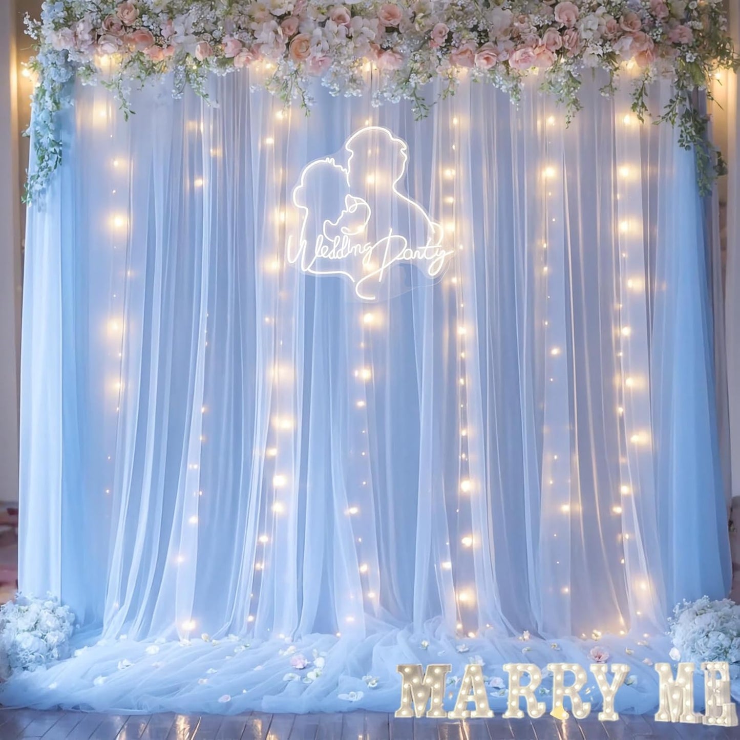 Blue Tulle Backdrop Curtains with Lights String for Parites Baby Shower 20×10ft Blue Sheer Backdrop Curtains Drapes for Bridal Shower Birthday Party Photo Shoot Background Decorations(4 Panels 5×10ft)