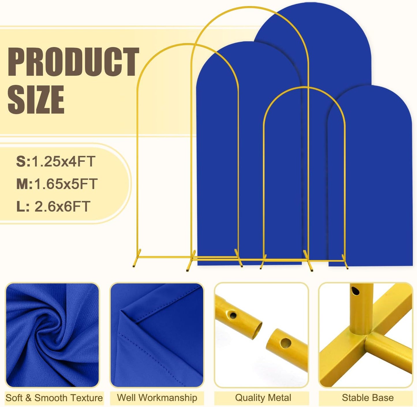 MODFUNS Arch Backdrop Stand and Cover Set 4&5&6ft Gold Arch Stand Royal Blue Arches Backdrop Cover Metal Weddding Arched Frame with Covers for Wedding Party Baby Shower Event Decor