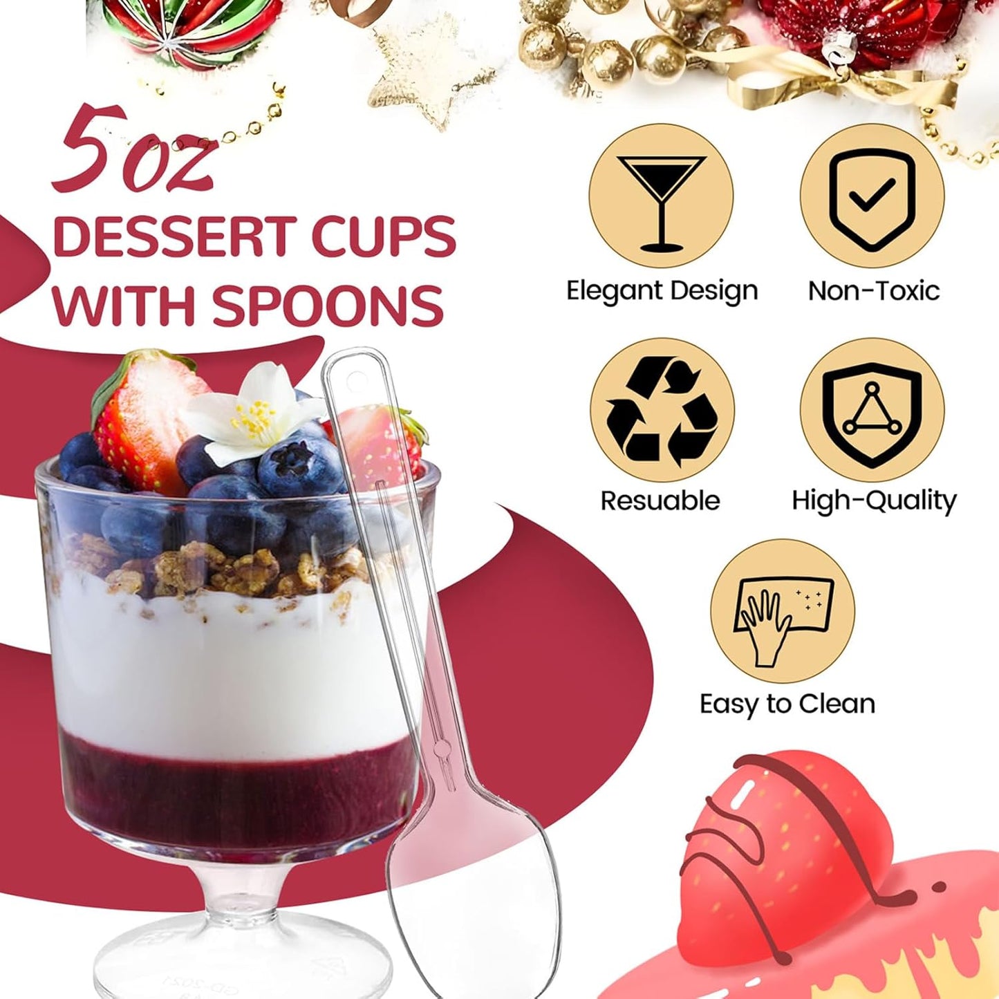 80 Pack Dessert Cups with Spoons, 5 OZ Mini Clear Plastic Parfait Cup for Party, Serves 40, Diposable Dessert Goblets for Fruit, Mousse Pudding, Appetizer Cup Bowl for Spring Summer Party