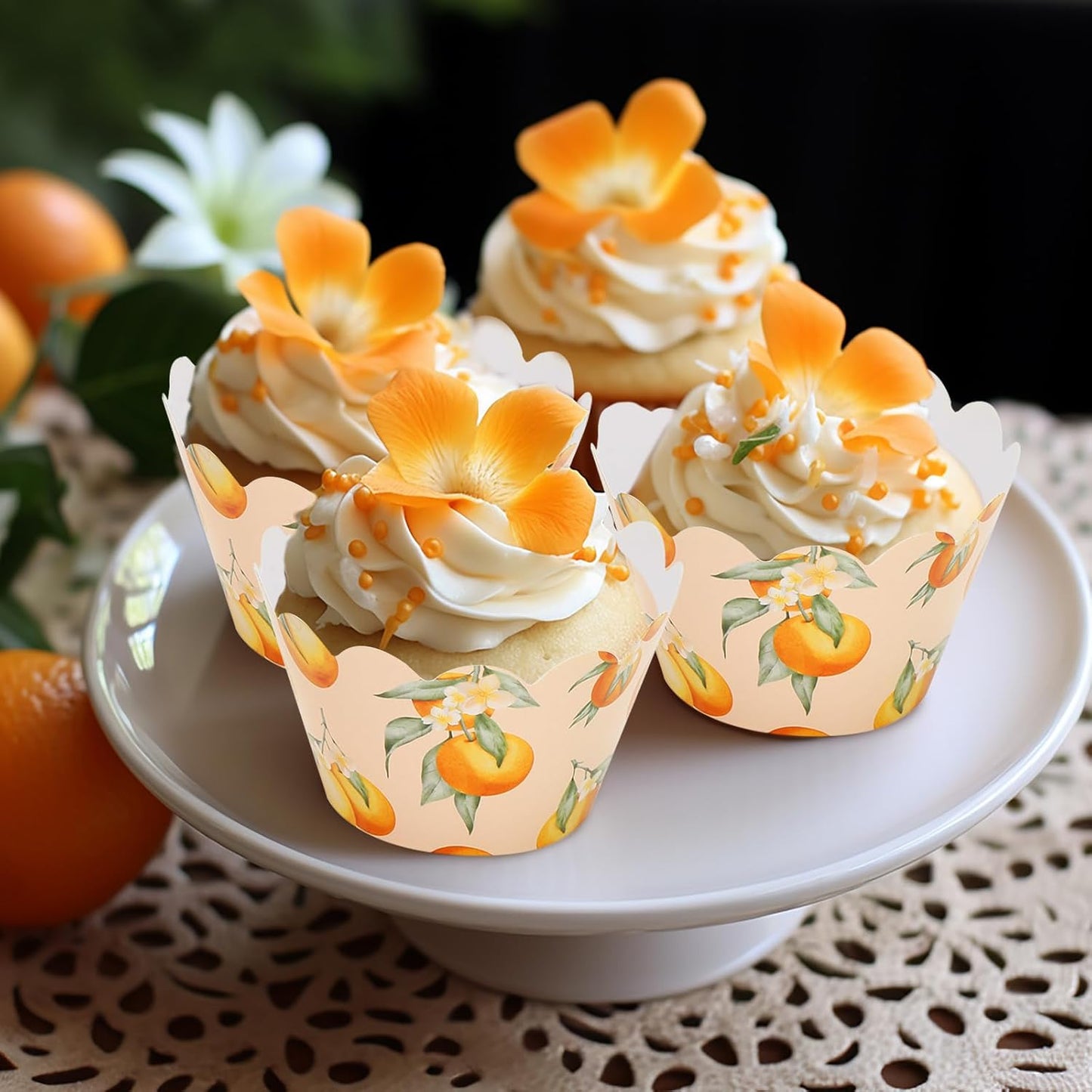 Whaline 36Pcs Little Cutie Cupcake Wrappers Watercolor Orange Cupcake Liners Decorative Cupcake Holders for Birthday Baby Shower Party Cake Decoration