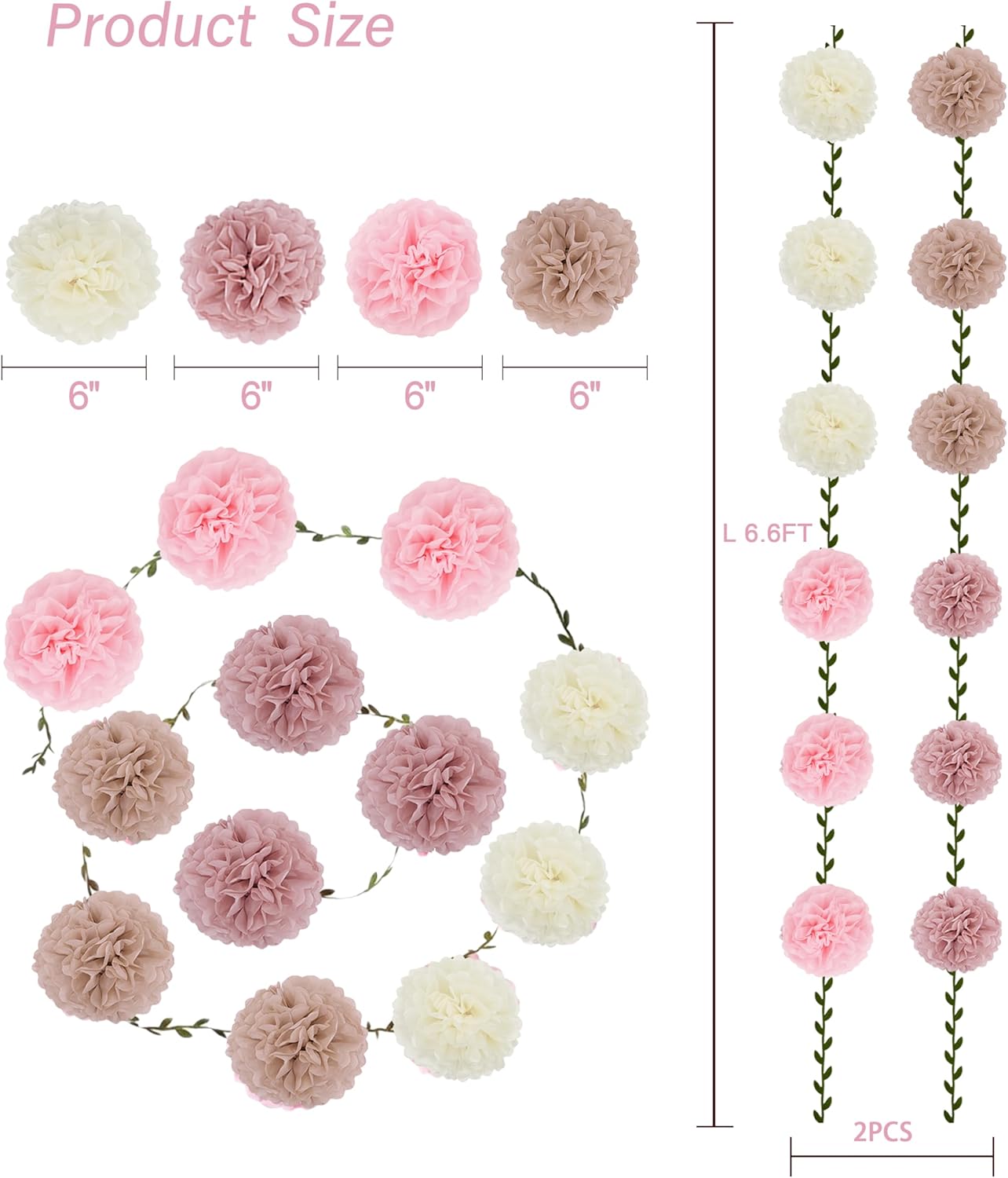 2 Pack Nude Pink Beige Tissue Paper Pom Pom Garlands Hanging with Cloth Vine for Nature Garden Fence Birthday Paty Decorations, 6.6Ft Length