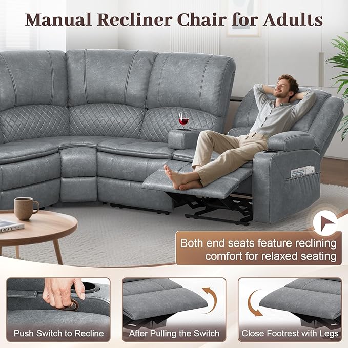 Yolsali Manual Reclining Sectional Sofa Set, 5 Seats Soft Leather Recliner - Image 6