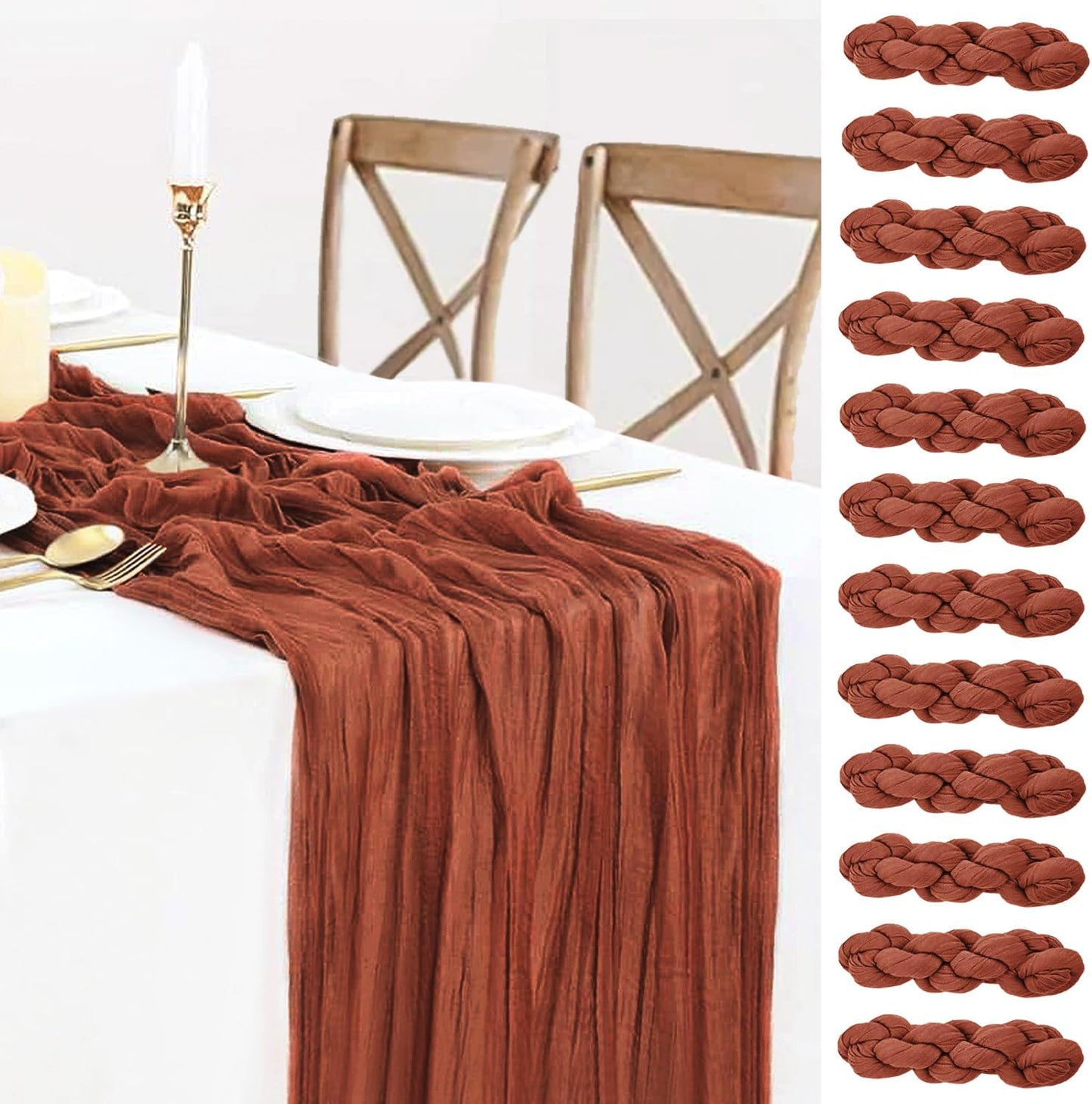 12 Pack Fall Table Runner Terracotta Cheesecloth Table Runner 35x120 Inch Rust Gauze Burnt Orange Cheese Cloth for Wedding Baby Bridal Shower Party Centerpiece Sheer Thanksgiving Fall Decorations