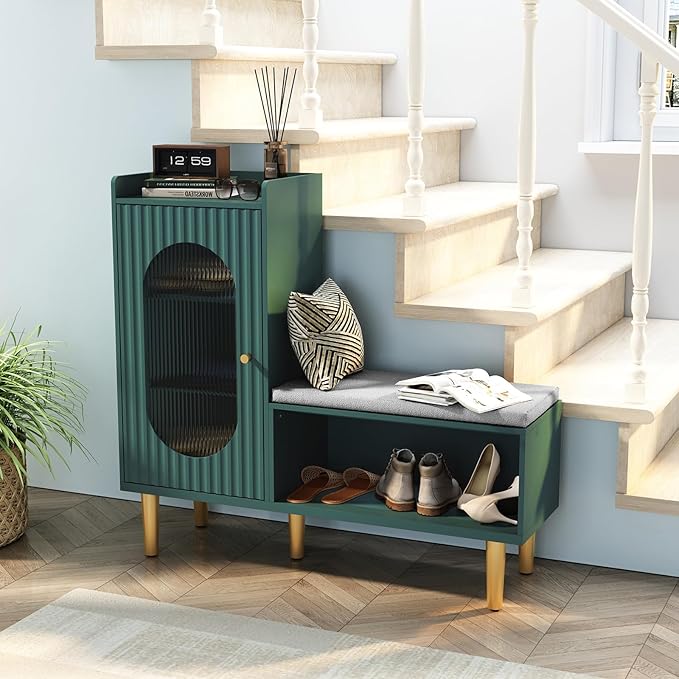 HLR Storage Bench with Glass Door&Shelf, Modern Entryway Shoe Cabinet Bench - Image 3