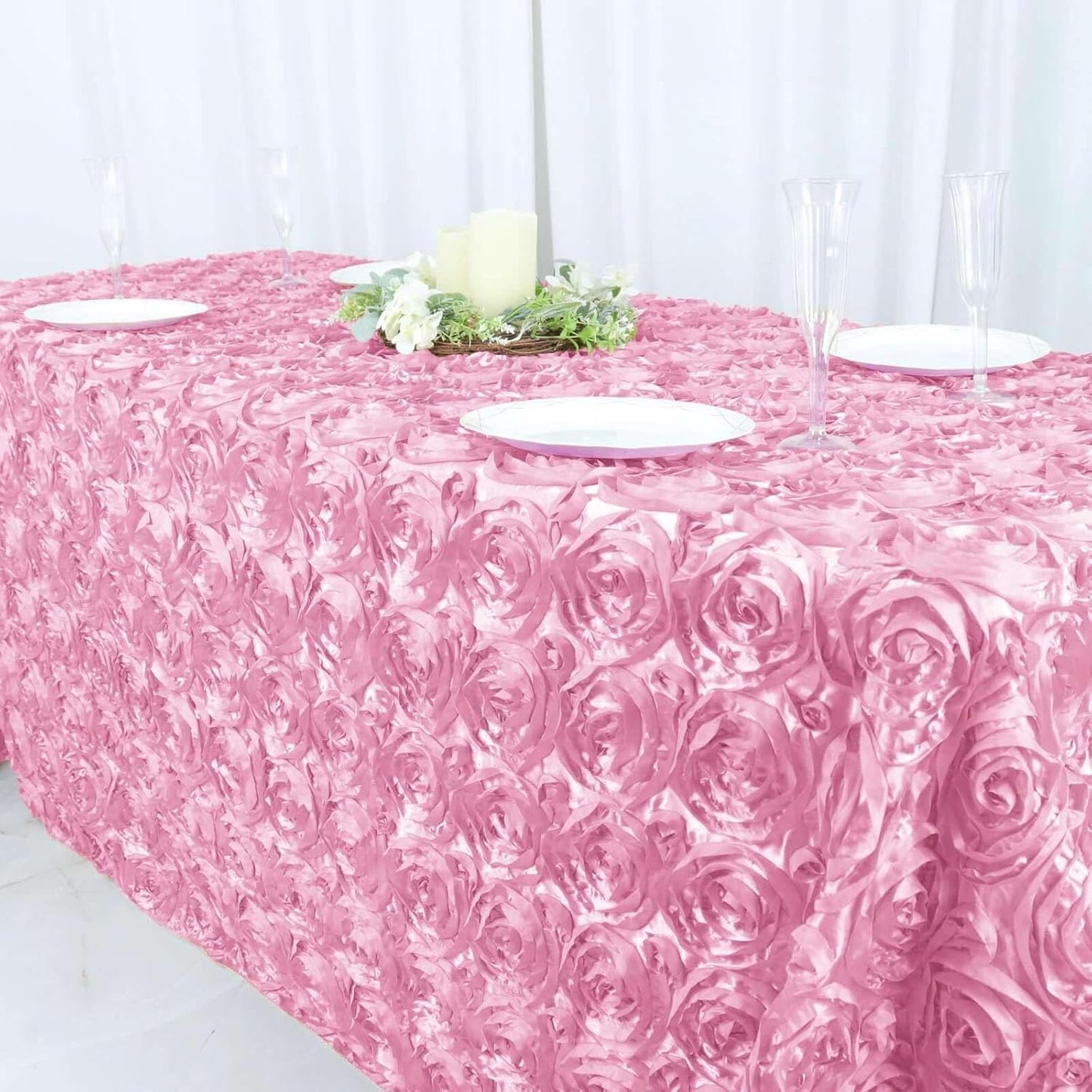 Efavormart 90"x132" Wholesale Rectangle Table Cover Pink Grandiose Rosette 3D Satin Tablecloth for Wedding Party Event Decoration