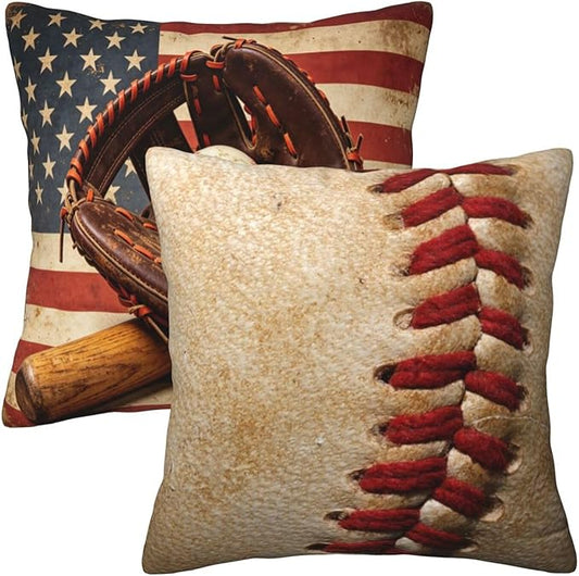 Baseball with American Flag Pillow Covers 18x18 Set of 2, Vintage Baseball by Tebjh