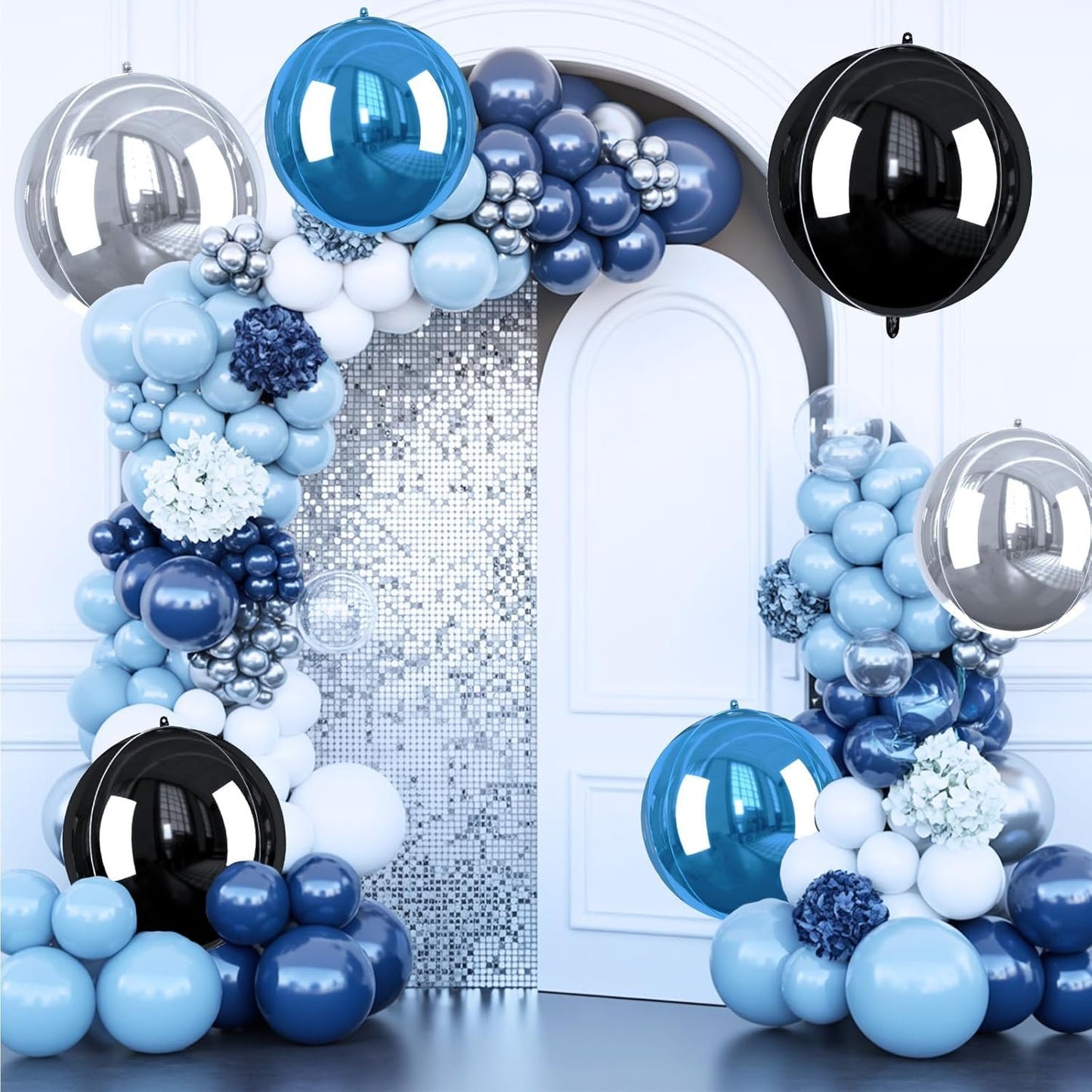 Blue and Silver Giant Foil Balloons, 6 Pcs Large Metallic Blue Silver Black Round Balloons, 22 Inch Big Round Foil Balloon for Birthday Party Baby Shower Graduation Decorations