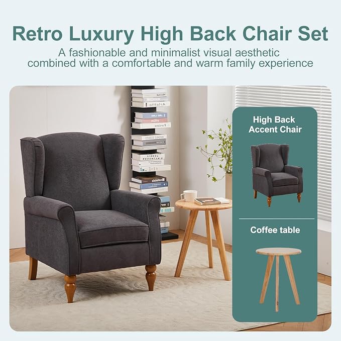 Mid-Century High Wingback Chair Set of 2, Modern Fabric Accent Chair Armchair - Image 5