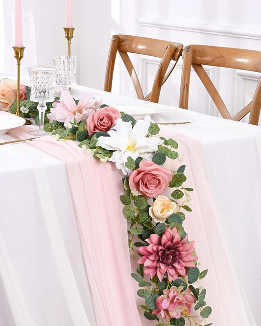 Waipfaru Flower Garland Decorations, 6.07Ft Pink Floral Rose Garland, Artificial Eucalyptus Greenery Vines with Flowers for Wedding Table Runner Centerpieces Backdrop Room Decor (Pink)