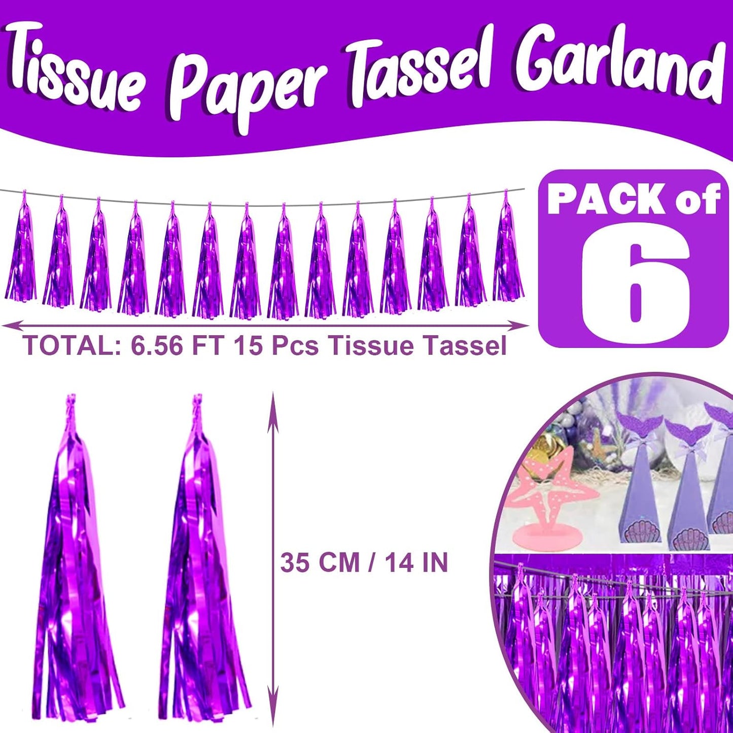 6P Purple Foil Fringe Metallic Tassel Streamers Banner Tassel Garland for Parade Floats, Bachelorette, Wedding, Birthday, Graduation, Christmas, Bridal/Baby Shower Party Decorations