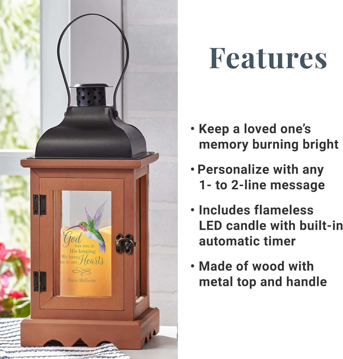Let's Make Memories Personalized Memorial Lantern - Sympathy - Condolences - in Memory - LED Candle - Automatic Timer - Wood/Metal - Heartfelt Memories