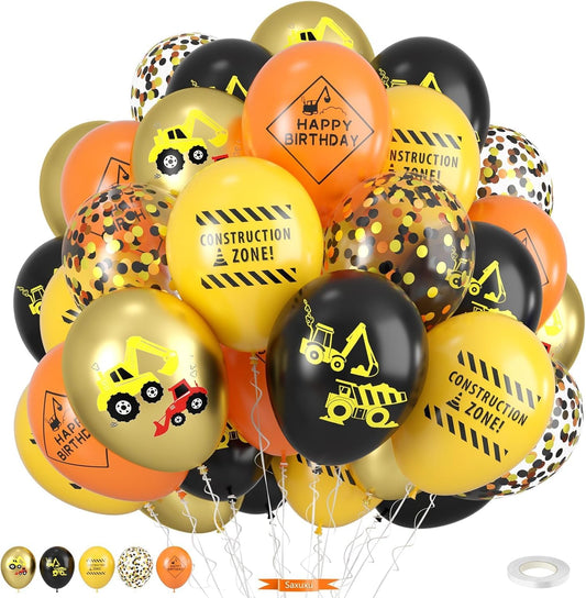 Construction Balloons, 12 Inch Gold Black Yellow Orange Confetti Balloons for Boy Baby Shower Construction Themed Birthday Truck Party Graduation Supplies