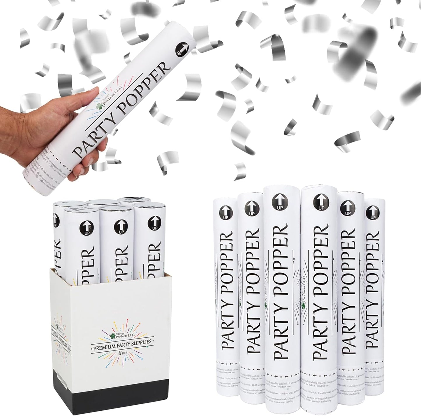 Confetti Cannon 12" – 6 Pack Silver Mylar Confetti Poppers | Party Poppers for Weddings, Birthdays, Graduations & Events | Air-Powered, Safe & Easy to Use | Shoots 25 Feet Indoor & Outdoor