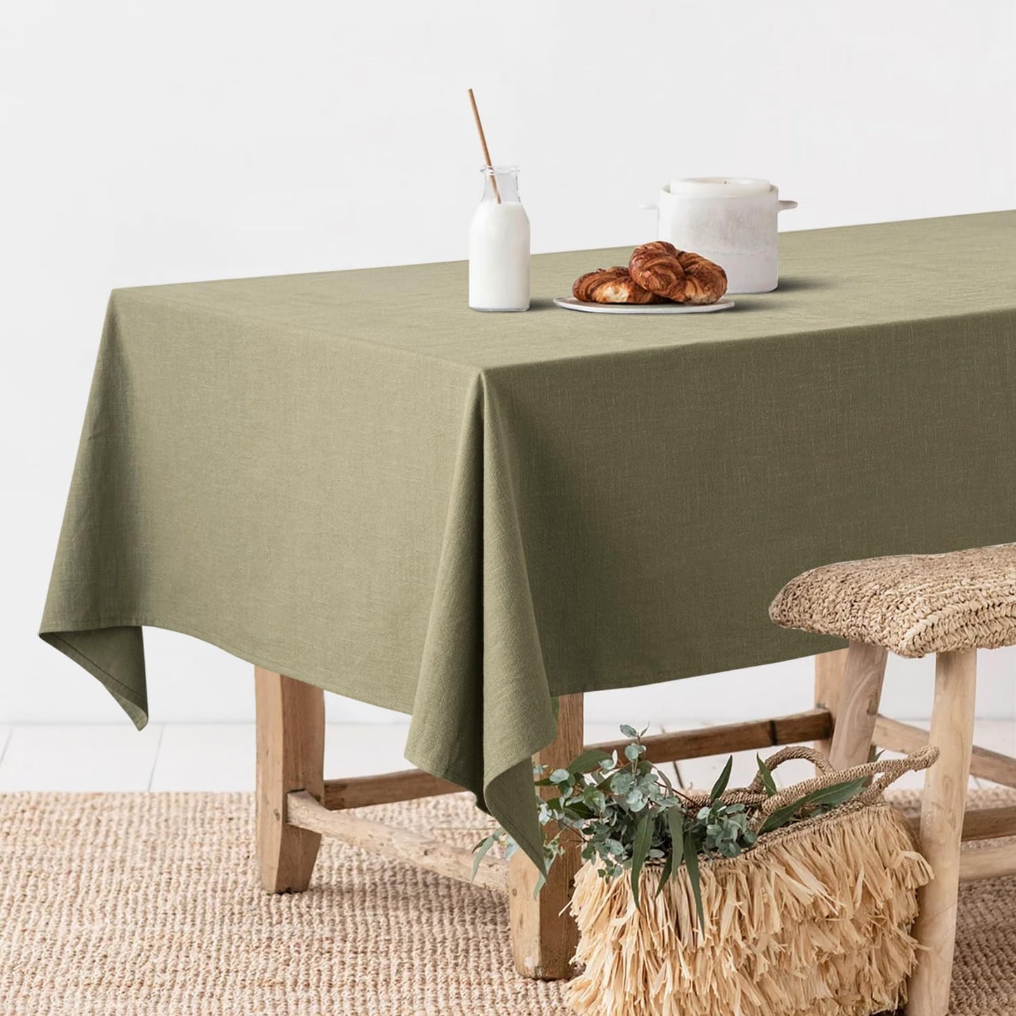 MIULEE Linen Cotton Blend Tablecloth Rectangle, Luxury Waterproof Stain Resistant Durable Farmhouse Oblong Table Cloth for Dining Party Weddings Birthday Events Boho Decor, 52 x 84 inch, Olive Green