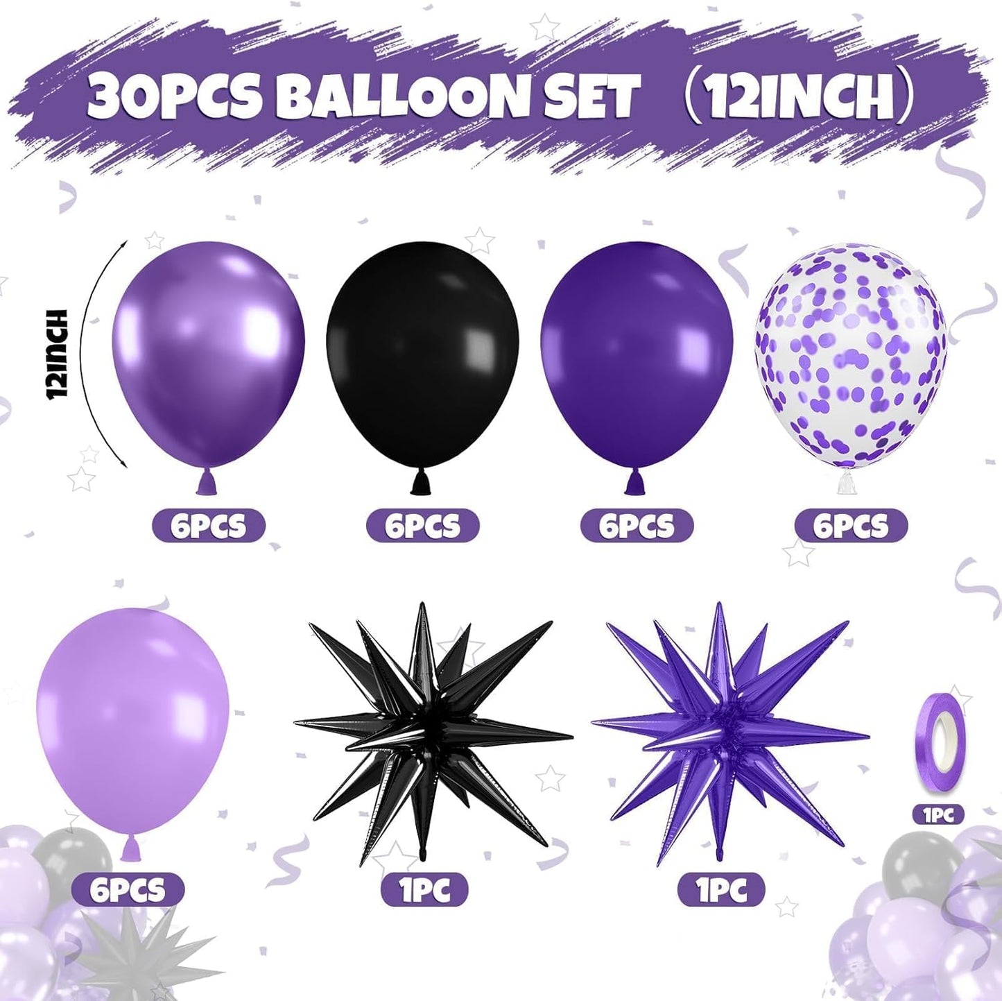 Purple and Black Balloons, 12 Inch Metallic Purple Dark Light Purple Black Confetti Balloon with Star Foil Balloons for Halloween Birthday Wedding Graduations Party Decorations
