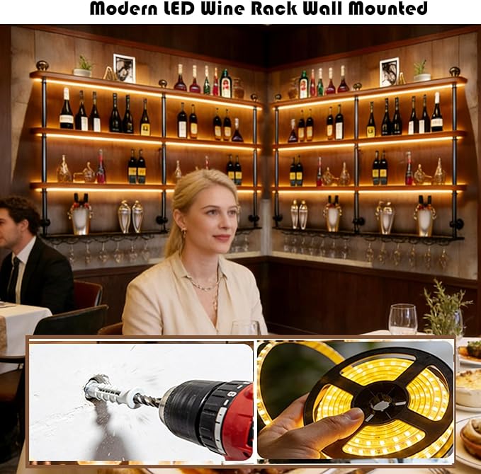 Wall Mounted Wine Rack with LED Lights, 4-Tier Industrial Wood Floating Shelves - Image 5