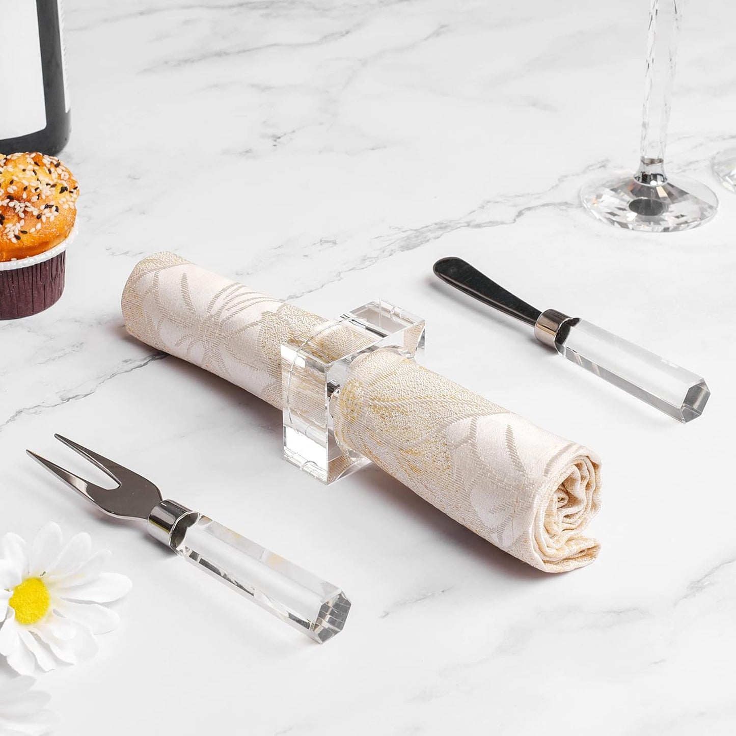 Crystal Napkin Holder Rings Square Design, Christmas Decorations for Dinner Clear 2" Set of 4