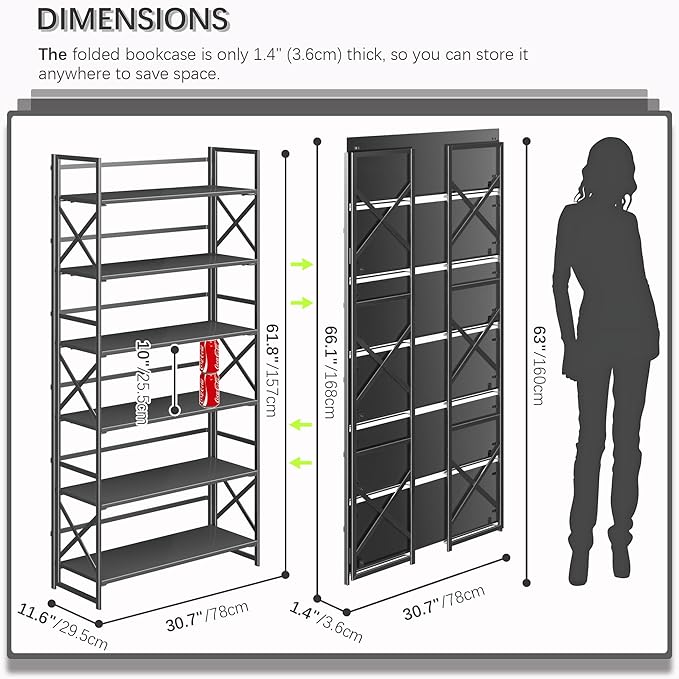 4NM Extra Wide 6 Tiers No Assembly Book Shelves, 61.8" H Folding Bookshelf - Image 2