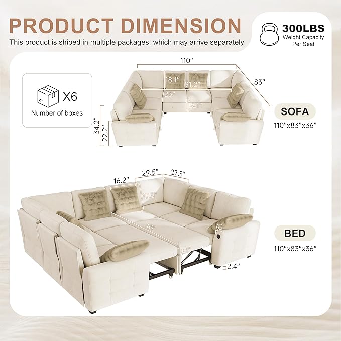Hanherry Sectional Couch with Pull Out Sofa Bed, Chenille Sleeper Sofa with 2 - Image 2