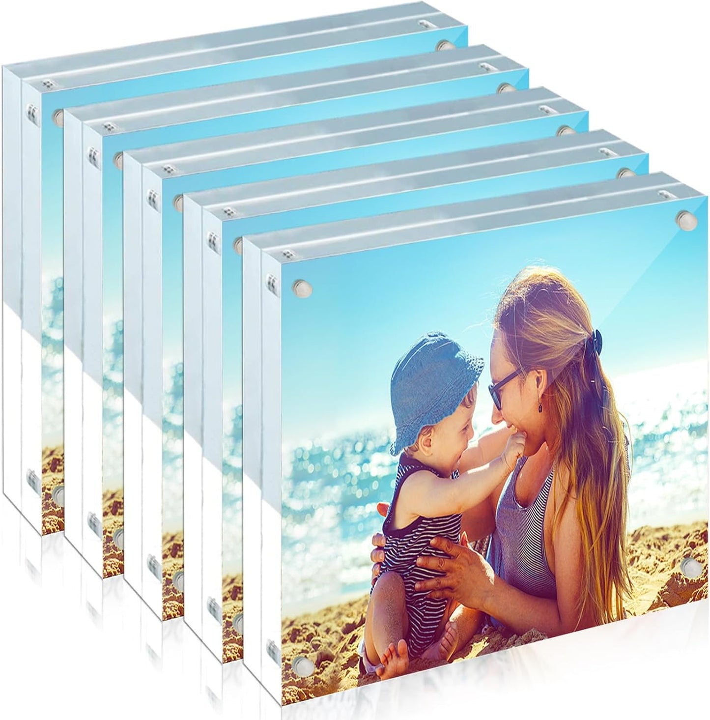HELPLEX Acrylic Frame, 5 Pack 4x4 Inch Picture Frames, 20mm Thicker Frameless Clear Double Sided Magnetic Free Standing Desktop Display Stand