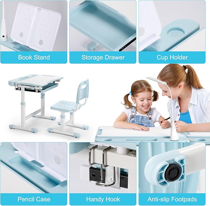 Rengue Kids Desk and Chair Set, Height Adjustable Children School Functional - Image 6