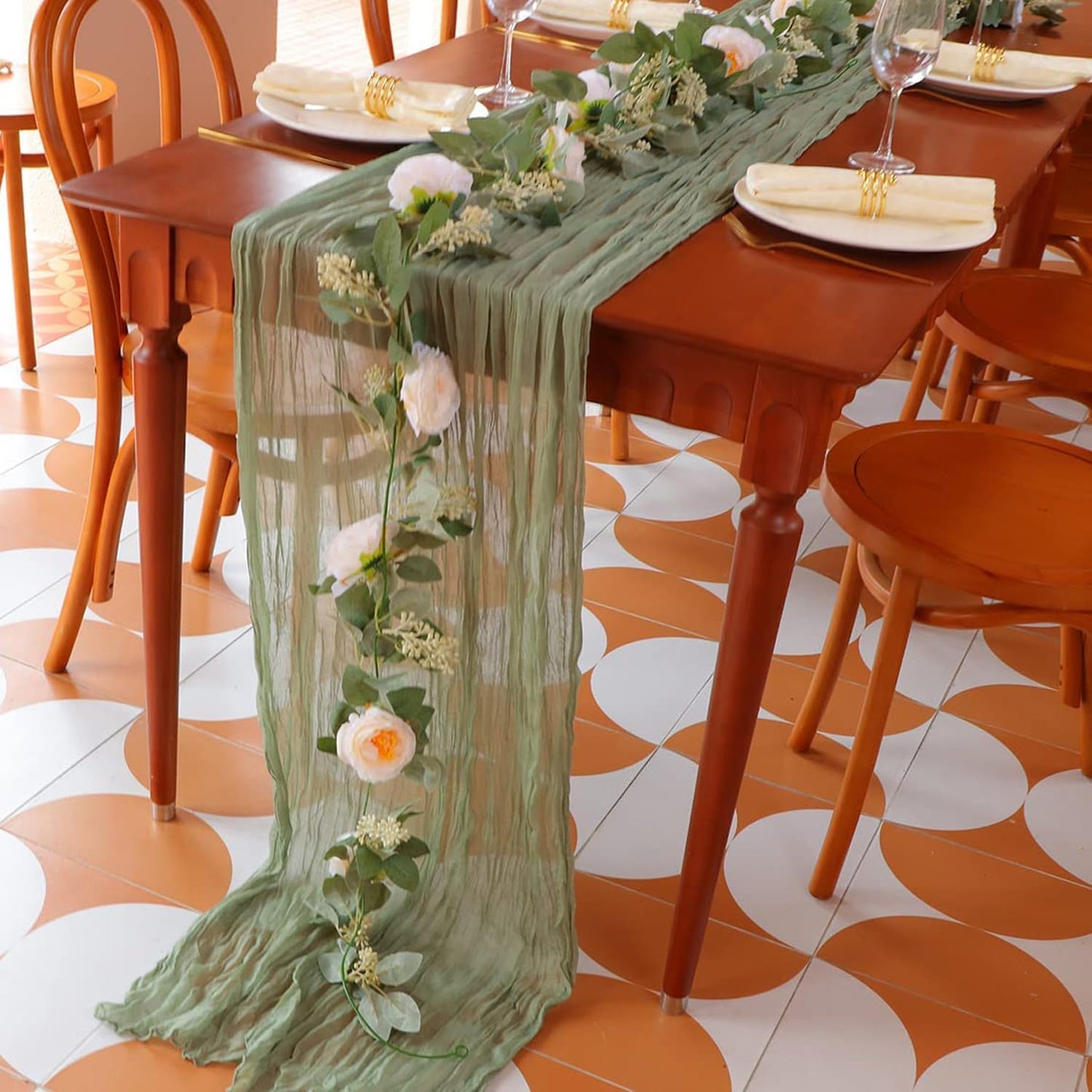 Snowkingdom Sage Green Cheesecloth Table Runner, 160 Inch 13 Ft Rustic Boho Sheer Gauze Cheese Cloth Runner for Wedding Bridal Baby Shower Birthday Home Party Table Centerpiece Deocrations