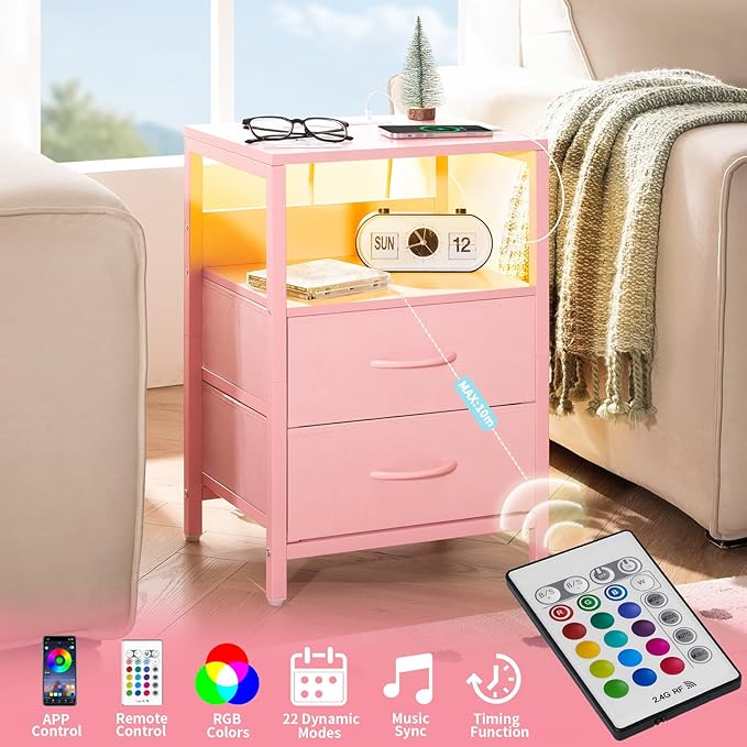 Yoobure Nightstand with Charging Station, LED Night Stand with Fabric Drawers - Image 4