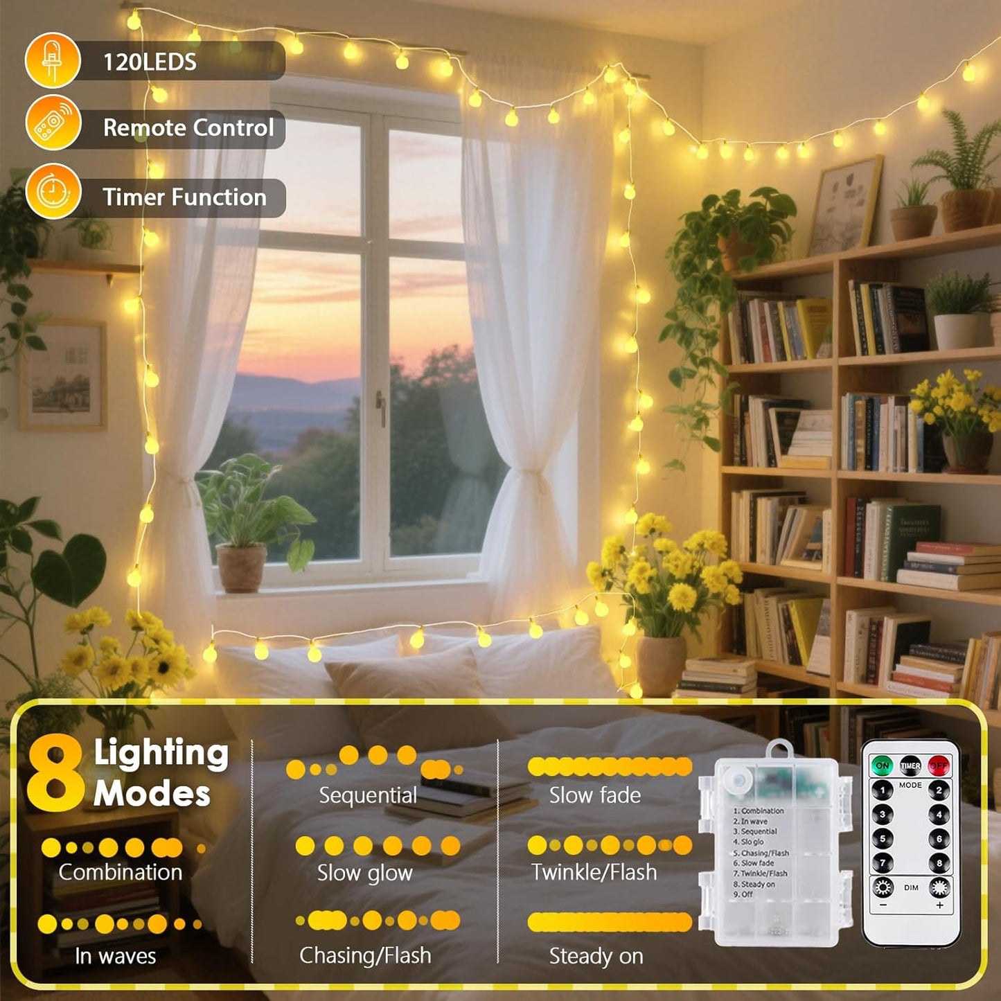 2 Pack Battery Operated String Lights - 52FT 120 LED Globe Fairy Lights with Remote, Waterproof Christmas Light Indoor Outdoor 8 Modes with Timer for Bedroom Classroom Dorm Christmas Decor, Warm White