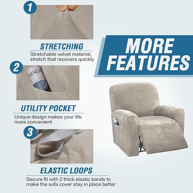 H.VERSAILTEX Velvet Stretch Recliner Couch Covers 4-Pieces Style Recliner Chair - Image 4