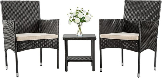 FDW | 3-Piece Patio Furniture Set | Black | Outdoor Wicker Furniture by FDW