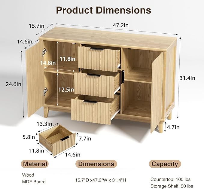47.2" W Storage Cabinet with 3 Drawers, Fluted Buffet Cabinet with Storage - Image 2