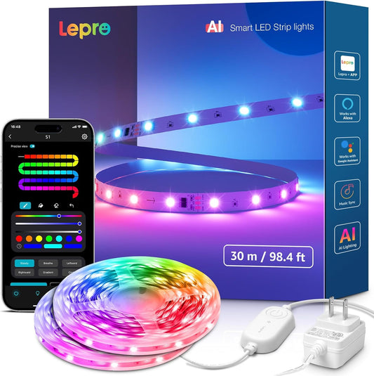 Lepro S1 AI LED Strip Lights for Bedroom - 100ft(2 Rolls of 50ft) Smart RGB Light Strips with IC and Rainbow Chasing Effects, AI Generated Lighting, No Remote, 2.4G Wi-Fi & Bluetooth
