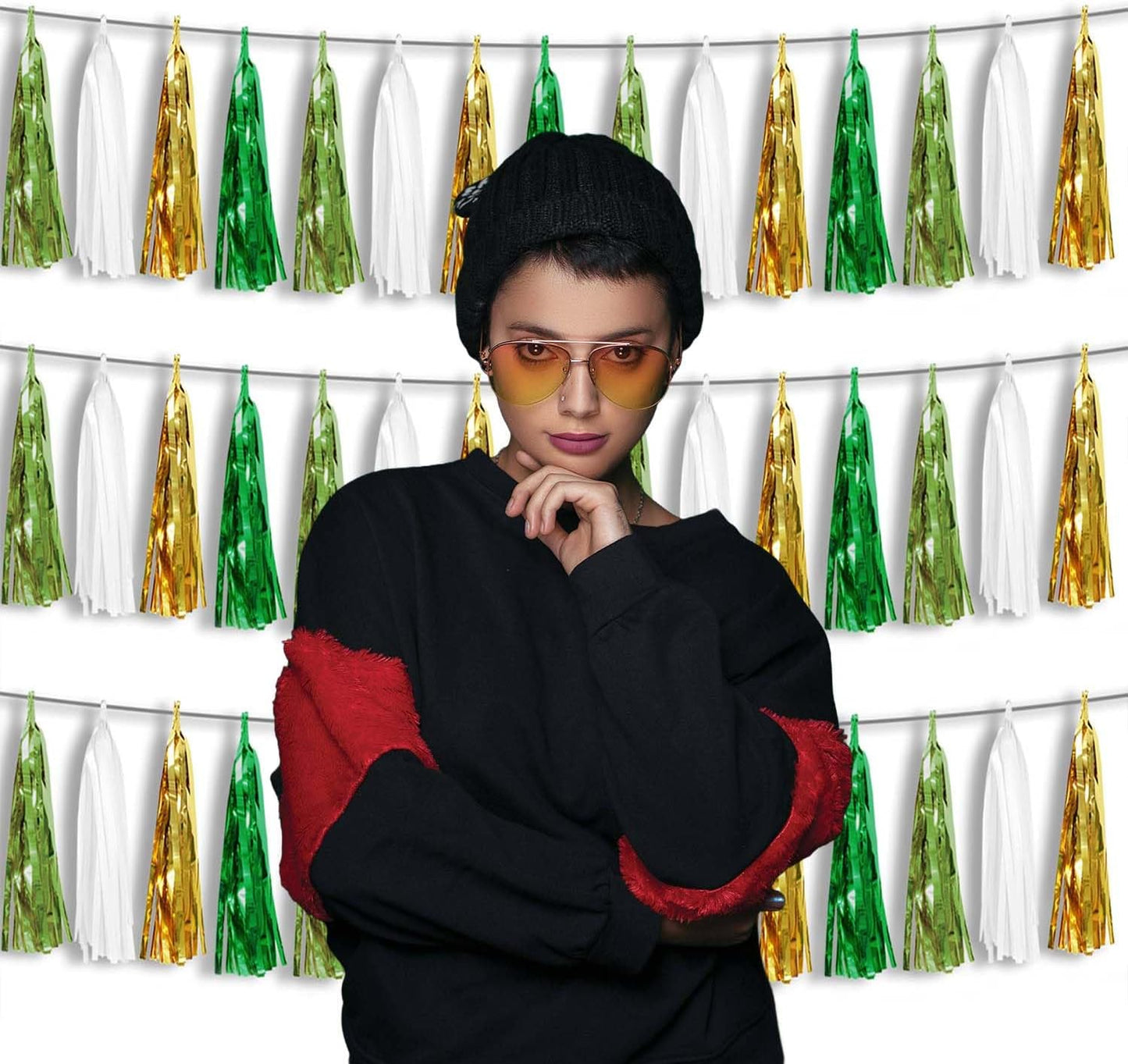 3P Metallic Fringe Tassel Banner Garland Foil Tinsel Streamer Wall Hanging Curtain Backdrop Banners for Parade Floats, Graduation Decorations, Woodland Party Decoration(Sage-Green Gold)