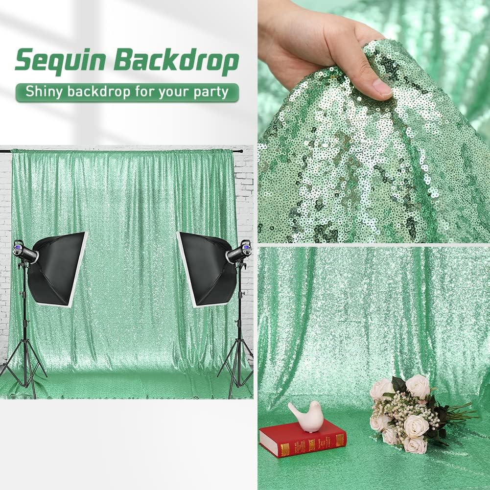 Eternal Beauty Mint Green Sequin Backdrop, 8x8 Ft Glitter Background Curtains for Shimmer Photography Party Wedding Birthday Back Drop Decor