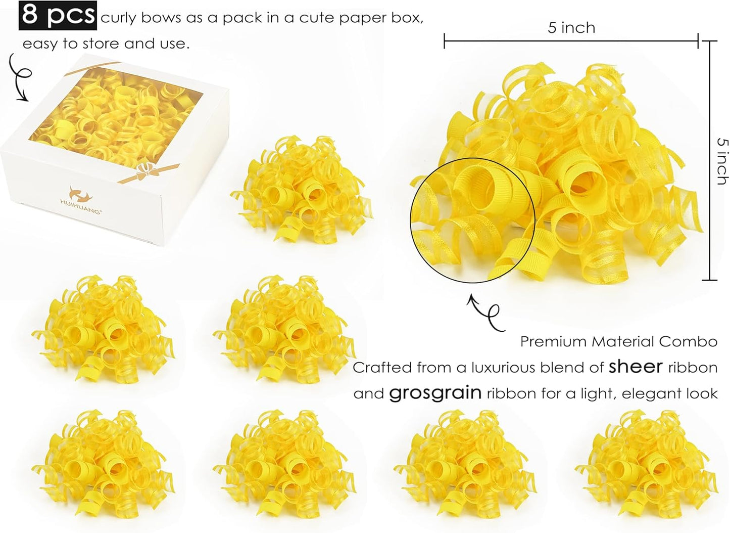 HUIHUANG Yellow Present Bows Gift Wrap Accessory Curly Ribbon Gift Bows 5 inch x 8 Counts Stick On Bows for Gift Wrapping, Paper Bag, Birthday Party Favors, Bridal Shower Wedding Decoration
