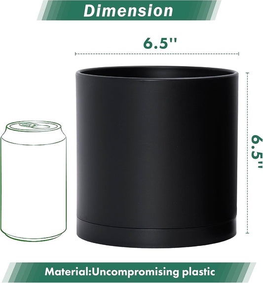 D'vine Dev 4 Pack 6.5 Inch Modern Plastic Plant Pots, Small Garden Planters for Plant with Drainage Holes and Saucers, Black Color, 74-Y-L-2