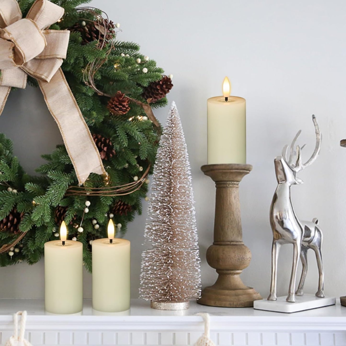 Flameless Candles with Remote Timer, 6 PCS Real Wax LED Votive Battery Operated Candles with 3D Flame, Flickering Pillar Candles for Christmas Home Decororations(Ivory, 4.5” x 1.9”)