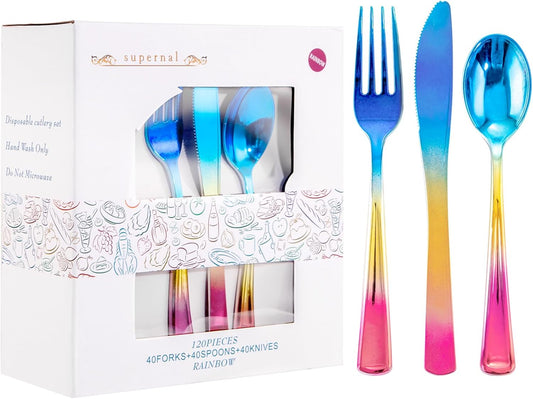Supernal 120pcs Rainbow Plastic Silverware Set Colorful Party Utensils Blue Pink Gold Plastic Silverware Include 40 Rainbow Forks, 40 Gold Knives and 40 Blue Spoons for Trolls Party