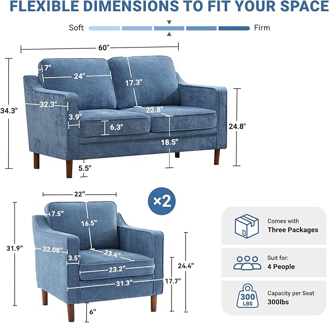 Kingfun Living Room Furniture Sets, 2 Armchair and Loveseat, Mid Century Modern - Image 2