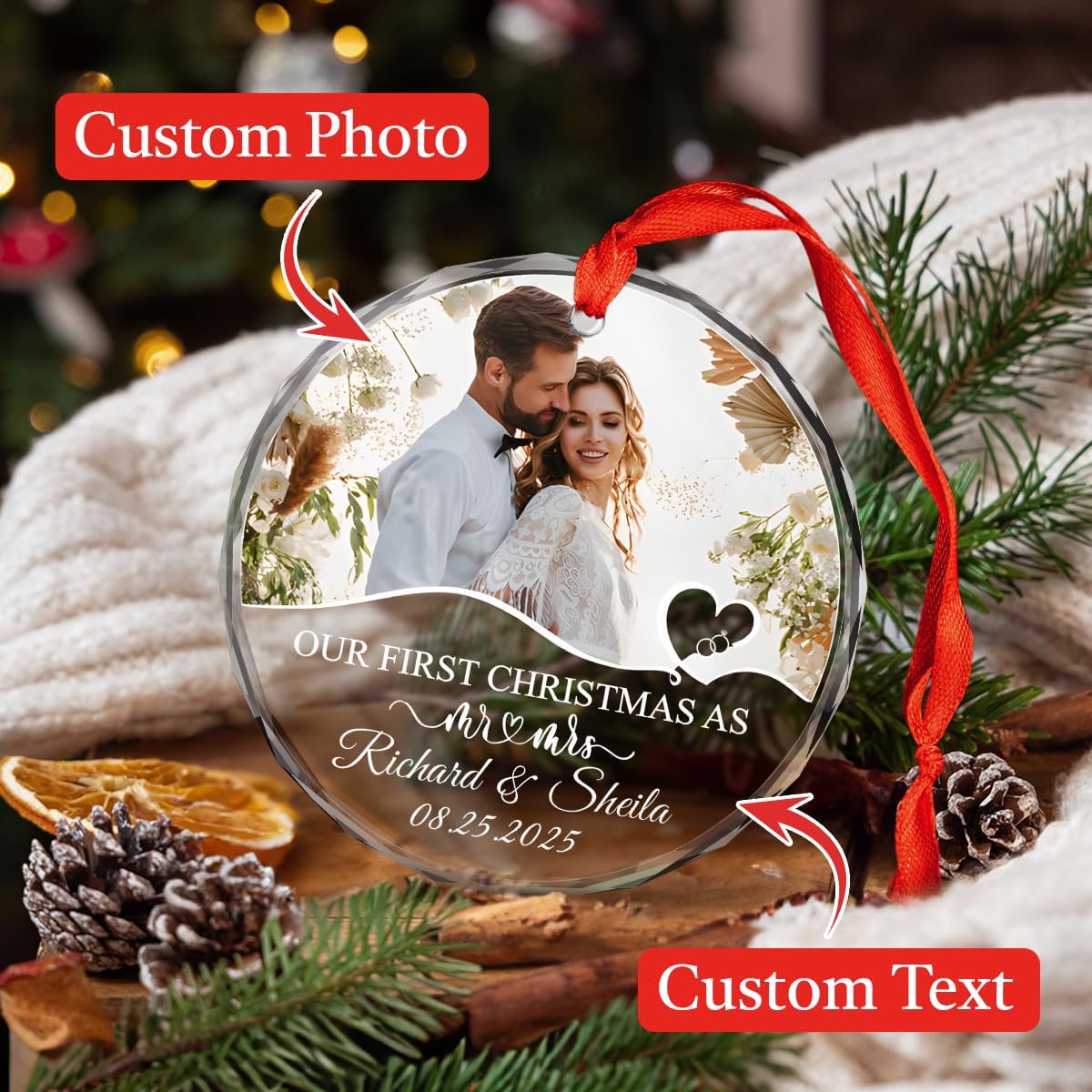 Personalized Christmas Ornaments with Names, Couple Glass Ornament, Custom Wedding Gifts for Couples 2025, Wedding Gift Ideas for Newly Wed Couple, Bride, Bridal Shower, Future Mr & Mrs (C1)