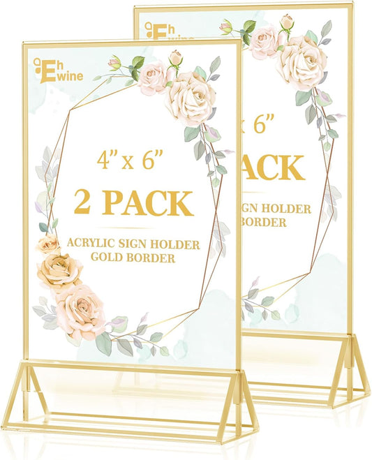 EHWINE 2 Pack Acrylic Sign Holder 4 x 6, Double Sided Gold Picture Frame Stand up Table Top Sign Holders, Clear Display Stand Menu Flyer Holder for Wedding Party