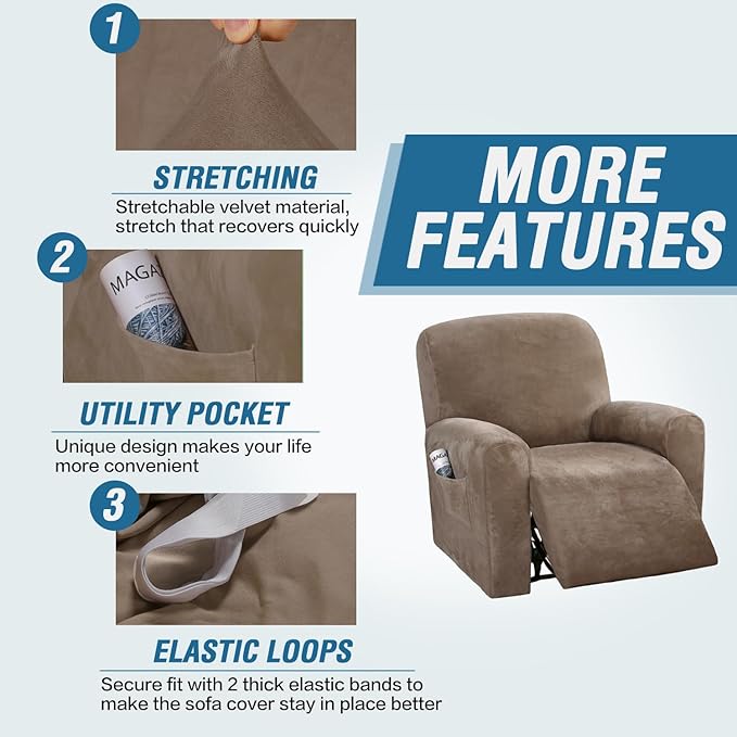 H.VERSAILTEX Velvet Stretch Recliner Couch Covers 4-Pieces Style Recliner Chair - Image 4