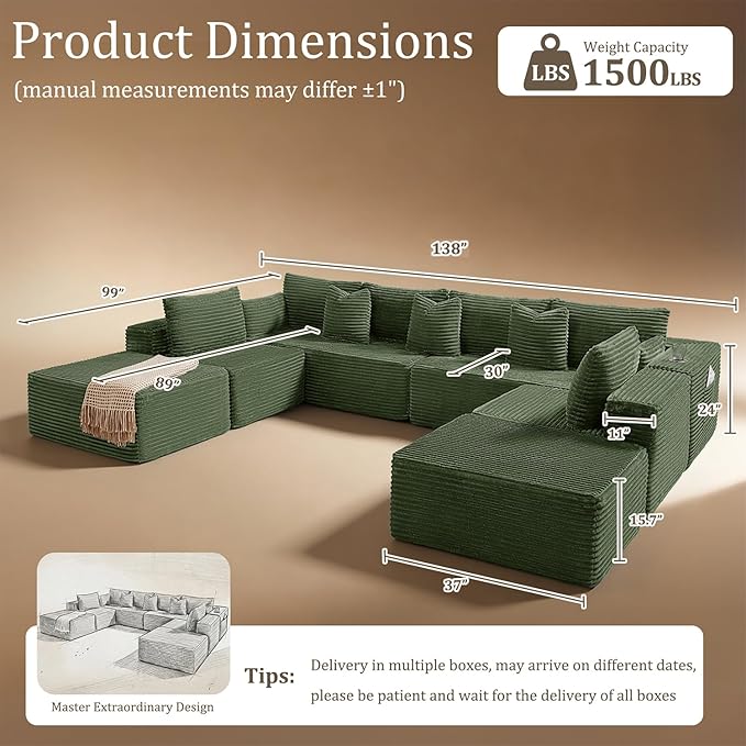 138" Cloud Sectional Couch, Comfort U Shaped Sofa - Image 2